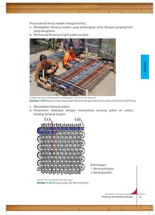 Proses teknik tenun adalah sebagai berikut. 
a. Menyiapkan benang lungsin yang panjangnya sama dengan panjang kain 
Prakarya dan Kewirausahaan 25 
yang diinginkan. 
b. Memasang benang lungsin pada cucukan. 
c. Menyiapkan benang pakan. 
d. Penenunan dilakukan dengan memasukan benang pakan ke antara 
benang-benang lungsin. 
Kerajinan 
Sumber: http://www.ultimoparadiso.com/keragaman-corak-tenun-ikat-ores.html 
Gambar 1.34 Benang Lungsi yang sudah diwarnai dengan teknik ikat celup untuk tenun ikat Flores 
Keterangan : 
1. Benang lungsin 
2. Benang pakan 
Sumber: http://id.wikipedia.org/wiki/Lungsin 
Gambar 1.35 Benang Lungsi dan Benang Pakan 
 