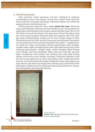 2. Teknik Pewarnaan 
Pada umumnya, teknik pewarnaan kain-kain tradisional di Indonesia 
memanfaatkan proses celup dengan rintang warna seperti teknik batik dan 
teknik pada Kain Sasirangan khas Banjar, Kalimantan Selatan, dan teknik ikat 
pada pewarnaan serat/benang tenun. 
Teknik pewarnaan pada kain tenun adalah teknik ikat celup. Teknik ikat 
celup sudah dilakukan sejak lama di seluruh belahan dunia. Asal usul teknik ini 
diperkirakan berkembang di India dengan sebutan Bhandani sejak 906 s.d. 618 
SM. Teknik ini berasal dari dataran Cina pada zaman Dinasti Tang dibuat pada 
kain sutera yang merupakan alat barter pada masa kejayaan Jalur Sutra, yaitu 
jalur yang menghubungkan wilayah Cina ke Timur Tengah hingga ke Italia. 
Teknik pewarnaan ikat terdiri atas ikat (hanya pada benang lungsin atau pakan) 
dan ikat ganda (pewarnaan pada benang pakan dan lungsin ). Langkah perta-ma 
teknik ikat celup menempatkan benang pakan/lungsin pada plangkan. 
Langkah kedua adalah menggambarkan pola motif pada benang yang sudah 
terpasang pada plangkan. Langkah ketiga adalah mengikat bagian benang 
sesuai dengan motif yang diinginkan. Ikatan yang kuat, tebal dan rapi akan 
dapat menghalangi warna dengan baik. Benang yang sudah diikat dicelup 
dengan warna-warna sesuai dengan rancangan. Pewarnaan dilakukan mulai 
dari warna yang paling tua, ke warna yang paling muda. Setelah pewarnaan 
pertama, warna kedua diperoleh dengan melepaskan ikatan pada bagian yang 
ingin diwarnai, dan seterusnya hingga selesai. Benang yang sudah diwarnai lalu 
dikeringkan. Setelah kering, benang lungsin dipasang pada alat tenun, sedang-kan 
benang pakan dipasang pada kelenting. 
26 Kelas X SMA/MA/SMK/MAK Semester 1 
Kerajinan 
Sumber: Zuriyah, 2012 
Gambar 1.36 Pola digambarkan pada benang yang 
tersusun pada plangkan 
 