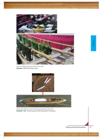 Prakarya dan Kewirausahaan 27 
Proses 
Kerajinan 
Sumber: Traditional Indonesia Textiles by John Gillow 
Gambar 1.37 Teknik ikat celup 
Sumber: http://tinline.com/article/read/proses-pembuatan-tenun-lurik 
Gambar 1.38 Kelenting dan Kelenting dalam Teropong 
 