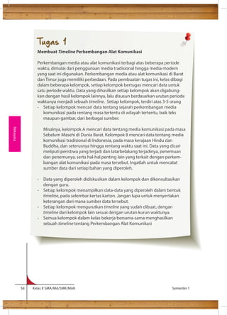 Ilmu 
56 Kelas X SMA/MA/SMK/MAK Semester 1 
Rekayasa 
Tugas 1 
Membuat Timeline Perkembangan Alat Komunikasi 
Perkembangan media atau alat komunikasi terbagi atas beberapa periode 
waktu, dimulai dari penggunaan media tradisional hingga media modern 
yang saat ini digunakan. Perkembangan media atau alat komunikasi di Barat 
dan Timur juga memiliki perbedaan. Pada pembuatan tugas ini, kelas dibagi 
dalam beberapa kelompok, setiap kelompok bertugas mencari data untuk 
satu periode waktu. Data yang dihasilkan setiap kelompok akan digabung-kan 
dengan hasil kelompok lainnya, lalu disusun berdasarkan urutan periode 
waktunya menjadi sebuah timeline. Setiap kelompok, terdiri atas 3-5 orang 
- Setiap kelompok mencari data tentang sejarah perkembangan media 
komunikasi pada rentang masa tertentu di wilayah tertentu, baik teks 
maupun gambar, dari berbagai sumber. 
Misalnya, kelompok A mencari data tentang media komunikasi pada masa 
Sebelum Masehi di Dunia Barat. Kelompok B mencari data tentang media 
komunikasi tradisional di Indonesia, pada masa kerajaan Hindu dan 
Buddha, dan seterusnya hingga rentang waktu saat ini. Data yang dicari 
meliputi peristiwa yang terjadi dan latarbelakang terjadinya, penemuan 
dan penemunya, serta hal-hal penting lain yang terkait dengan perkem-bangan 
alat komunikasi pada masa tersebut. Ingatlah untuk mencatat 
sumber data dari setiap bahan yang diperoleh. 
- Data yang diperoleh didiskusikan dalam kelompok dan dikonsultasikan 
dengan guru. 
- Setiap kelompok menampilkan data-data yang diperoleh dalam bentuk 
timeline, pada selembar kertas karton. Jangan lupa untuk menyertakan 
keterangan dari mana sumber data tersebut. 
- Setiap kelompok mengurutkan timeline yang sudah dibuat, dengan 
timeline dari kelompok lain sesuai dengan urutan kurun waktunya. 
- Semua kelompok dalam kelas bekerja bersama-sama menghasilkan 
sebuah timeline tentang Perkembangan Alat Komunikasi 
 