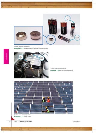 mempertimbangkan 
64 Kelas X SMA/MA/SMK/MAK Semester 1 
Rekayasa 
Sumber: Dokumen Kemdikbud 
Gambar 2.15 Beragam jenis baterai/elemen kering 
Sumber: Dokumen Kemdikbud 
Gambar 2.16 Accu/elemen basah 
Sumber: www.antaranews.com 
Gambar 2.17 Panel surya 
 