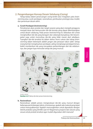 2. Pengembangan Konsep Desain Selubung (Casing) 
Tahap kedua dalam perancangan casing terdiri atas 4 kegiatan yaitu brain-storming 
atau curah pendapat, rasionalisasi, pembuatan prototype atau model, 
Prakarya dan Kewirausahaan 69 
dan penentuan desain akhir. 
a. Curah Pendapat (brainstorming) 
Pemahaman akan produk dan target sasaran yang akan menjadi pengguna 
menjadi dasar dari kemunculan ide-ide konsep yang dapat dikembangkan 
untuk desain selubung. Pada proses brainstorming ini, bebaskan diri untuk 
menghasilkan ide-ide yang beragam dan sebanyak-banyaknya. Beri kesem-patan 
juga untuk munculnya ide-ide yang tidak masuk akal sekalipun. 
Tuangkan ide-ide tersebut ke dalam sketsa. Kunci sukses dari tahap brain-storming 
dalam kelompok adalah jangan ada perasaan takut salah. Setiap 
orang berhak mengeluarkan pendapat, saling menghargai pendapat teman, 
boleh memberikan ide yang merupakan perkembangan dari ide sebelum-nya, 
dan jangan lupa mencatat setiap ide yang muncul. 
b. Rasionalisasi 
Rasionalisasi adalah proses mengevaluasi ide-ide yang muncul dengan 
beberapa pertimbangan teknis, di antaranya: apakah ada materal yang tepat 
untuk mewujudkannya? Apakah memungkinkan untuk diproduksi dengan 
teknik produksi yang dimiliki saat ini? Bagaimana proporsi dan ukuran yang 
sesuai untuk produk tersebut agar mudah digunakan oleh manusia? 
Rekayasa 
Sumber: internet 
Gambar 2.21 Sketsa ide dari proses brainstorming 
 