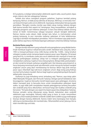 Di Suryatama, ia belajar keterampilan elektronik seperti radio, sound system, kipas 
angin, televisi, dan lain sebagainya,” katanya. 
Setelah dua tahun mengikuti program pelatihan, Sugimun kembali pulang 
kampung. Namun, ia tidak punya aktivitas di desanya. Akhirnya, ia mencoba men-cari 
kerja di tempat usaha servis elektronik. Sayangnya, kebanyakan berujung pada 
penolakan. “Mungkin mereka menilai saya tidak cukup mampu bekerja dengan 
baik karena kondisi sik seperti ini,” kenangnya. Yang menyedihkan, seringkali ia 
disangka pengemis saat melamar pekerjaan. Ia baru bisa bekerja tatkala seorang 
teman di Kediri menerimanya sebagai karyawan sebuah bengkel elektronik. 
Namun, karena suatu alasan, tidak sampai satu tahun, ia memutuskan untuk 
pulang kampung. Ia pun mencoba melamar pekerjaan di kota kelahirannya. 
Lagi-lagi ia kembali mendapatkan penolakan, “Hal ini membawa saya pada kesim-pulan 
bahwa saya harus membuka lapangan pekerjaan untuk bisa bekerja,” katanya. 
Berbekal Restu sang Ibu 
Dengan kondisi ekonomi yang serbasulit serta pengalaman yang ditolak berka-li- 
kali membuat Sugimun nekad berusaha sendiri. Berbekal restu sang ibu, tahun 
1992 ia menjual perhiasan emas milik ibunya senilai Rp. 15.000,-. Uang tersebut 
sebagian ia pakai untuk menyewa lapak emperan pasar sayur Magetan. Di tempat 
yang kecil itu, ia membuka usaha jasa servis elektronik dan menjual isi korek api. 
Dengan perlengkapan seadanya, setiap hari ia melayani pelanggannya. Untuk 
menjalankan usahanya, Sugimun harus berjuang keras. Betapa tidak, jarak perjalan-an 
dari rumah ke tempat usahanya sangatlah jauh. Dari desanya yang terpencil, ia 
harus berjuang menempuh jarak satu kilometer untuk menuju ke tempat mangkal 
angkutan umum yang akan membawanya ke kiosnya. Belum lagi jarak menuju 
pasar sayur. Ditambah lagi naik-turun angkutan umum. Bagi orang yang siknya 
normal, hal itu bukan masalah. Namun bagi Sugimun yang kakinya layuh (lumpuh) 
akibat polio, terasa berat. 
Usahanya itu juga terkadang ramai, terkadang sepi. “Namun, saya tetap yakin 
Allah Mahaadil, Pengasih, dan Pemurah,” katanya. Dengan penuh ketelatenan dan 
kesungguhan, Sugimun berusaha meraih kepercayaan para pelanggan, terutama 
dalam menepati janji. Ia berusaha keras untuk menyelesaikan pekerjaan tepat 
waktu. Ia juga tidak pelit menjelaskan kepada pelanggannya tentang kerusakan 
dan onderdil yang harus dibutuhkan, termasuk harga dan kualitas onderdil yang 
bervariasi. “Ternyata dengan cara seperti itu kepercayaan bisa didapatkan,” katanya. 
Kiosnya semakin sering dikunjungi orang. Berarti, kebutuhan akan onderdil 
elektronik juga meningkat. Peluang inilah yang ia baca. Ia mulai menyisihkan 
uangnya untuk modal pembelian onderdil. Sedikit demi sedikit ia juga melengkapi 
kiosnya dengan barang elektronik. Karena makin lama barangnya kian banyak, 
akhirnya ia memberanikan diri membeli toko. “Alhamdulillah ramai,” jelasnya. Kini ia 
telah memiliki tiga unit toko. 
76 Kelas X SMA/MA/SMK/MAK Semester 1 
Rekayasa 
 