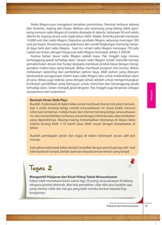 Radio Magno pun mengalami kenaikan permintaan. Peminat terbesar datang 
dari Amerika, Jepang dan Eropa. Bahkan ada seseorang yang bilang, lebih gam-pang 
mencari radio Magno di London daripada di Jakarta. Sebanyak 50 unit selalu 
dikirim ke Jepang secara rutin sejak tahun 2005. Malah, Amerika pernah memesan 
10.000 unit dari radio Magno. Kapasitas produksi Magno sekarang mencapai 300 
unit per bulan. Desainnya yang sederhana dan ramah lingkungan memang menja-di 
daya tarik dari radio Magno. Saat ini, omset radio Magno mencapai 750 juta 
rupiah per bulan, dengan harga jual radio Magno mencapai sekitar $ 300.00 
Karena bahan dasar radio Magno adalah kayu, Pak Singgih juga merasa 
bertanggung jawab terhadap alam. Desain radio Magno sendiri memiliki konsep 
pemaksimalan desain dan fungsi daripada membuat produk besar dengan meng-gunakan 
materi kayu yang banyak. Beliau membuat program tree nursery. Beliau 
melakukan replanting dan pembibitan pohon kayu. Bibit pohon yang ditanam 
berdasarkan penggunaan materi kayu radio Magno dan untuk melestarikan alam 
di sana. Beliau juga bekerja sama dengan pihak sekolah untuk mengembangkan 
kurikulum pendidikan yang bertujuan untuk mencintai dan bertanggung jawab 
terhadap alam. Selain menjadi good designer, Pak Singgih juga berperan sebagai 
sociopreneur dan ecopreneur. 
Prakarya dan Kewirausahaan 81 
Rekayasa 
Bermain Peran (Role Play) 
Buatlah 3 kelompok di dalam kelas untuk membuat drama (role play) memain-kan 
3 cerita tentang ketiga contoh wirausahawan ini. Siswa boleh mencari 
informasi tambahan, melalui buku dan internet tentang ketiga wirausahawan 
ini, dan menambahkan ceritanya sesuai dengan informasi atau data tambahan 
yang diperolehnya. Masing-masing menampilkan dramanya di depan kelas 
selama kurang lebih 7-10 menit (atau lebih sesuai dengan kesepakatan di 
kelas). 
Buatlah pembagian peran dan tugas di dalam kelompok secara adil dan 
merata. 
Saat giliran kelompok kalian tampil, tampillah dengan penuh percaya diri. Saat 
kelompok lain tampil, berilah apresiasi kepada teman-teman yang tampil. 
Tugas 2 
Mengambil Pelajaran dari Kisah Hidup Tokoh Wirausahawan 
Kalian telah memahami kisah sukses tiga (3) orang wirausahawan di bidang 
rekayasa produk eletronik. Mari kita perhatikan, sifat-sifat atau karakter apa 
yang mereka miliki dan hal apa yang telah mereka berikan kepada ling-kungannya. 
 