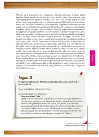 Material yang digunakan harus dipastikan selalu tersedia, agar produksi dapat 
berjalan. Tidak hanya jumlah atau kuantitas, kualitas atau mutu material juga 
memegang peranan penting. Material khas dari suatu daerah dapat menjadi 
pilihan untuk menghasilkan karya produk rekayasa yang khas dari daerah tersebut. 
Mesin atau alat bantu bermanfaat untuk membuat kerja menjadi lebih mudah dan 
cepat serta menghasilkan karya dengan standar bentuk yang sama. Methods atau 
cara kerja adalah prosedur, pengaturan kerja yang digunakan dalam memproduksi 
karya produk rekayasa sederhana untuk menghasilkan produk yang bermutu baik. 
Uang juga merupakan sumber daya pokok yang dibutuhkan untuk keberlangsungan 
usaha, misalnya untuk membeli material produksi, menggaji karyawan, dan 
berpromosi. Besar kecilnya uang yang dibutuhkan bergantung pada besar kecilnya 
usaha yang akan dibuat, serta seberapa besar kreativitas kita dalam memulai 
sebuah usaha. Pada awal usaha, uang yang kita butuhkan bisa jadi tidak terlalu 
besar jika kita terampil dalam membuat produk dan kreatif dalam memanfaatkan 
material yang ada. ‘M’ yang terakhir adalah market atau pasar sasaran. Pasar sasaran 
adalah siapa calon konsumen atau pembeli produk radio sederhana yang kita 
buat. Pasar sasaran, meskipun disebutkan terakhir, namun merupakan salah satu 
yang harus kita pikirkan sejak awal. Pasar sasaran juga dapat menjadi titik berang-kat 
munculnya ide sebuah usaha, misalnya saat kita melihat adanya peluang pasar. 
Ide sebuah usaha bisa kita temukan dengan mengamati berbagai hal yang berada 
di sekeliling kita, melihat potensi yang ada, dan peluang pasar yaitu melihat, men-dengar, 
dan memikirkan produk apa yang dibutuhkan, disukai atau diinginkan 
Prakarya dan Kewirausahaan 83 
oleh calon konsumen. 
Rekayasa 
Tugas 3 
Pengamatan Wirausaha Alat Komunikasi Sederhana dengan Sumber 
Arus Listrik DC 
Tugas ini dilakukan oleh setiap individu 
Langkah-langkah yang dilakukan: 
1. Mengumpulkan Data 
Setiap individu melakukan kegiatan penelitian dengan metode observasi 
(pengamatan lapangan), dan wawancara tentang usaha/industri rekayasa. 
Produksi rekayasa meliputi: sejarah, bahan, alat, teknik, dan prosedur 
pembuatan produk. Usaha/industri/teknisi meliputi: sejarah atau motivasi 
perusahaan/teknisi membuat produk rekayasa, jumlah pekerja, sistem/ 
pola kerja, pasar sasaran dari produk rekayasa tersebut, keberhasilan dan 
kegagalan wirausaha produk rekayasa yang pernah dialami. 
 