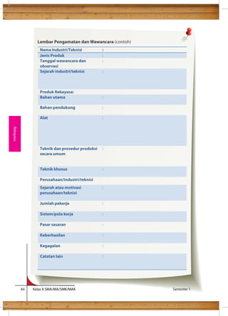 84 Kelas X SMA/MA/SMK/MAK Semester 1 
Rekayasa 
Lembar Pengamatan dan Wawancara (contoh) 
Nama Industri/Teknisi : 
Jenis Produk : 
Tanggal wawancara dan 
: 
observasi 
Sejarah industri/teknisi : 
Produk Rekayasa: 
Bahan utama : 
Bahan pendukung : 
Alat : 
Teknik dan prosedur produksi 
secara umum 
: 
Teknik khusus 
: 
Perusahaan/industri/teknisi 
Sejarah atau motivasi 
perusahaan/teknisi 
: 
Jumlah pekerja 
: 
Sistem/pola kerja 
: 
Pasar sasaran 
: 
Keberhasilan 
: 
Kegagalan 
: 
Catatan lain 
: 
 
