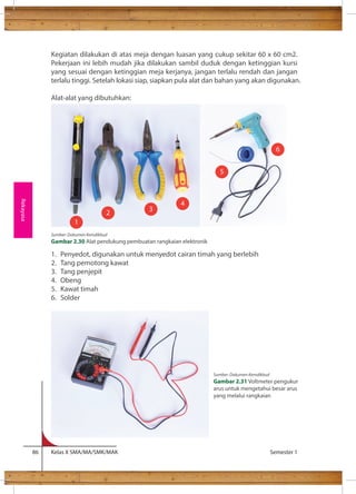 Kegiatan dilakukan di atas meja dengan luasan yang cukup sekitar 60 x 60 cm2. 
Pekerjaan ini lebih mudah jika dilakukan sambil duduk dengan ketinggian kursi 
yang sesuai dengan ketinggian meja kerjanya, jangan terlalu rendah dan jangan 
terlalu tinggi. Setelah lokasi siap, siapkan pula alat dan bahan yang akan digunakan. 
Alat-alat yang dibutuhkan: 
1. Penyedot, digunakan untuk menyedot cairan timah yang berlebih 
2. Tang pemotong kawat 
3. Tang penjepit 
4. Obeng 
5. Kawat timah 
6. Solder 
86 Kelas X SMA/MA/SMK/MAK Semester 1 
Rekayasa 
1 
2 3 
4 
5 
6 
Sumber: Dokumen Kemdikbud 
Gambar 2.30 Alat pendukung pembuatan rangkaian elektronik 
Sumber: Dokumen Kemdikbud 
Gambar 2.31 Voltmeter pengukur 
arus untuk mengetahui besar arus 
yang melalui rangkaian 
 