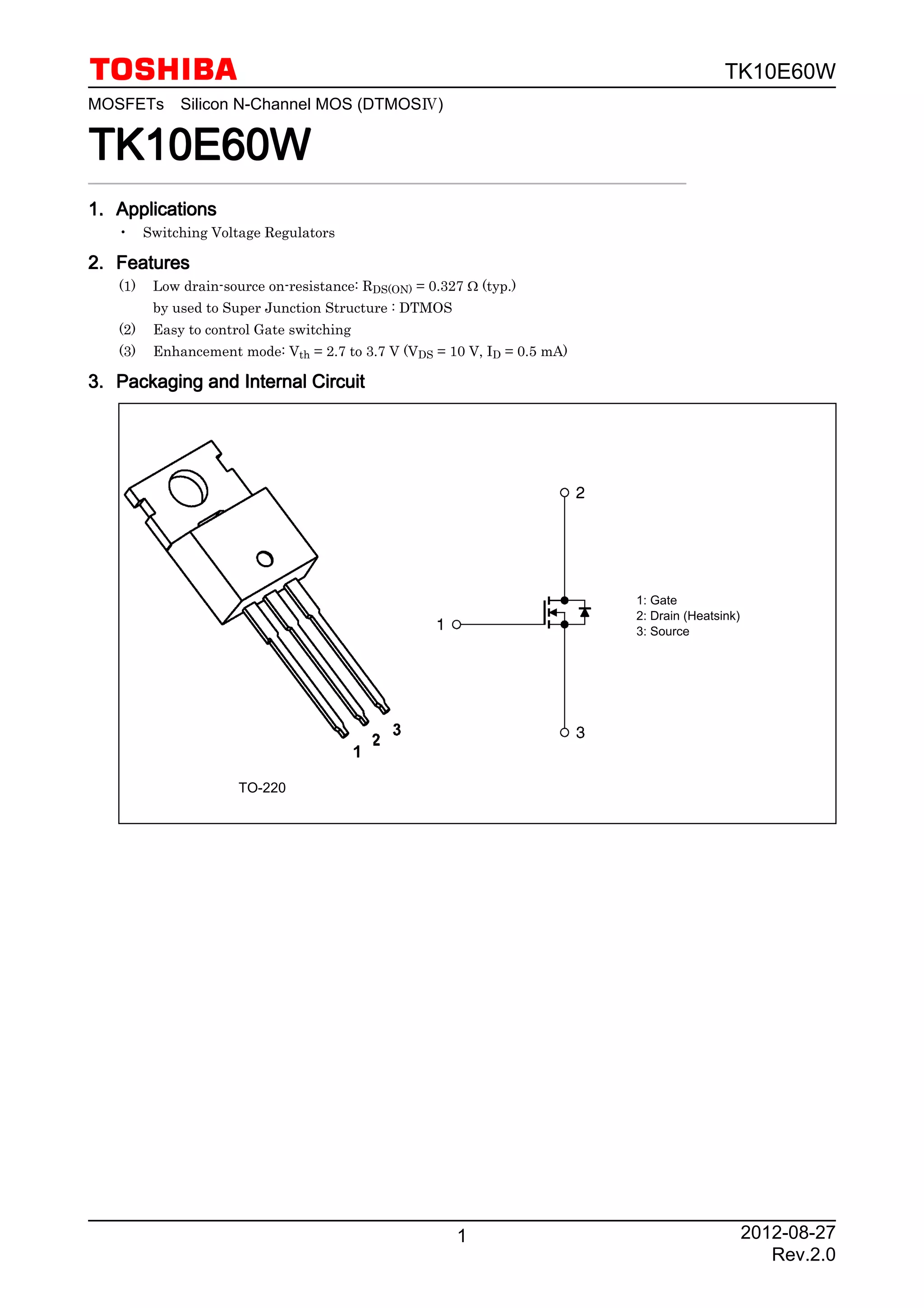 Original Mosfet K10E60W TK10E60W 9.7A 600V TO-220 New Toshiba | PDF