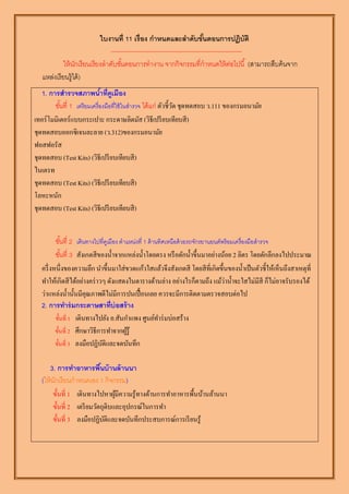 ใบงานที่ 11 เรื่อง กาหนดและลาดับขันตอนการปฏิบัติ
                                                                           ้
                               --------------------------------------------------------------
            ให้ นกเรียนเรียงลำดับขันตอนกำรทำงำน จำกกิจกรรมที่กำหนดให้ ตอไปนี ้ (สำมำรถสืบค้ นจำก
                 ั                  ้                                                  ่
   แหล่งเรียนรู้ได้ )
   1. การสารวจสภาพนาที่คเมือง้ ู
        ขันที่ 1 เตรียมเครื่องมือที่ใช้ ในสำรวจ ได้ แก่ ตัวชี้วด ชุดทดสอบ ว.111 ของกรมอนามัย
          ้                                                    ั
เทอร์โมมิเตอร์แบบกระเปาะ กระดาษลิตมัส (วิธีเปรี ยบเทียบสี )
ชุดทดสอบออกซิเจนละลาย (ว.312)ของกรมอนามัย
ฟอสฟอรัส
ชุดทดสอบ (Test Kits) (วิธีเปรี ยบเทียบสี )
ไนเตรท
ชุดทดสอบ (Test Kits) (วิธีเปรี ยบเทียบสี )
โลหะหนัก
ชุดทดสอบ (Test Kits) (วิธีเปรี ยบเทียบสี )


          ขันที่ 2 เดินทำงไปที่คเู มือง ตำแหน่งที่ 1 ด้ ำนทิศเหนือด้ วยรถจักรยำนยนต์พร้ อมเครื่องมือสำรวจ
             ้
          ขันที่ 3 สังเกตสีของน้ าจากแหล่งน้ าโดยตรง หรื อตักน้ าขึ้นมาอย่างน้อย 2 ลิตร โดยตักลึกลงไปประมาณ
               ้
   ครึ่ งหนึ่งของความลึก นาขึ้นมาใส่ขวดแก้วใสแล้วจึงสังเกตสี โดยสีที่เกิดขึ้นของน้ าเป็ นตัวชี้ให้เห็นถึงสาเหตุที่
   ทาให้เกิดสีได้อย่างคร่ าวๆ ดังแสดงในตารางด้านล่าง อย่างไรก็ตามถึง แม้วาน้ าจะใสไม่มีสี ก็ไม่อาจรับรองได้
                                                                                     ่
   ว่าแหล่งน้ านั้นมีคุณภาพดีไม่มีการปนเปื้ อนเลย ควรจะมีการติดตามตรวจสอบต่อไป
   2. การทาร่ มกระดาษสาที่บ่อสร้ าง
          ขั้นที่ 1 เดินทางไปยัง อ.สันกาแพง ศูนย์ทาร่ มบ่อสร้าง
          ขั้นที่ 2 ศึกษาวิธีการทาจากผูรู้้
          ขั้นที่ 3 ลงมือปฏิบติและจดบันทึก
                               ั

       3. การทาอาหารพืนบ้ านล้ านนา
                             ้
   (ให้ นกเรียนกำหนดเอง 1 กิจกรรม)
         ั
         ขั้นที่ 1 เดินทางไปหาผูมความรู้ทางด้านการทาอาหารพื้นบ้านล้านนา
                                   ้ี
         ขั้นที่ 2 เตรี ยมวัตถุดิบและอุปกรณ์ในการทา
         ขั้นที่ 3 ลงมือปฏิบติและจดบันทึกประสบการณ์การเรี ยนรู้
                               ั
 