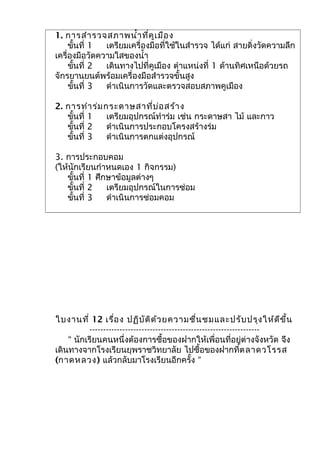 1. การสำารวจสภาพนำ้าที่คูเมือง
ขั้นที่ 1 เตรียมเครื่องมือที่ใช้ในสำารวจ ได้แก่ สายดิ่งวัดความลึก
เครื่องมือวัดความใสของนำ้า
ขั้นที่ 2 เดินทางไปที่คูเมือง ตำาแหน่งที่ 1 ด้านทิศเหนือด้วยรถ
จักรยานยนต์พร้อมเครื่องมือสำารวจขั้นสูง
ขั้นที่ 3 ดำาเนินการวัดและตรวจสอบสภาพคูเมือง
2. การทำาร่มกระดาษสาที่บ่อสร้าง
ขั้นที่ 1 เตรียมอุปกรณ์ทำาร่ม เช่น กระดาษสา ไม้ และกาว
ขั้นที่ 2 ดำาเนินการประกอบโครงสร้างร่ม
ขั้นที่ 3 ดำาเนินการตกแต่งอุปกรณ์
3. การประกอบคอม
(ให้นักเรียนกำาหนดเอง 1 กิจกรรม)
ขั้นที่ 1 ศึกษาข้อมูลต่างๆ
ขั้นที่ 2 เตรียมอุปกรณ์ในการซ่อม
ขั้นที่ 3 ดำาเนินการซ่อมคอม
ใบงานที่ 12 เรื่อง ปฏิบัติด้วยความชื่นชมและปรับปรุงให้ดีขึ้น
--------------------------------------------------------------
“ นักเรียนคนหนึ่งต้องการซื้อของฝากให้เพื่อนที่อยู่ต่างจังหวัด จึง
เดินทางจากโรงเรียนยุพราชวิทยาลัย ไปซื้อของฝากที่ตลาดวโรรส
(กาดหลวง) แล้วกลับมาโรงเรียนอีกครั้ง “
 