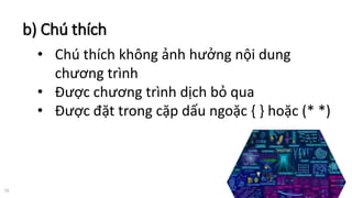 b) Chú thích
15
• Chú thích không ảnh hưởng nội dung
chương trình
• Được chương trình dịch bỏ qua
• Được đặt trong cặp dấu ngoặc { } hoặc (* *)
 