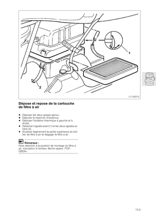 13.9
Dépose et repose de la cartouche
de filtre à air
• Déposer les deux grippe-genou.
• Déposer le réservoir d'essence.
• Déposer l'isolation thermique à gauche et à
droite.
• Détacher l'agrafe avant (1) et les deux agrafes ar-
rière (2).
• Soulever légèrement la partie supérieure du boî-
tier de filtre à air et dégager le filtre à air.
L Remarque :
Faire attention à la position de montage du filtre à
air, inscription à l'arrière, flèche repère «TOP-
OBEN».
LT130070
1
2
 