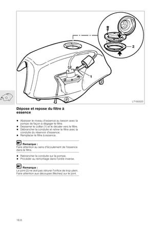 16.6
Dépose et repose du filtre à
essence
• Abaisser le niveau d’essence au besoin avec la
pompe de façon à dégager le filtre.
• Desserrer le collier (1) et le décaler vers le filtre.
• Débrancher la conduite et retirer le filtre avec la
conduite du réservoir d'essence.
• Remplacer le filtre à essence.
L Remarque :
Faire attention au sens d'écoulement de l'essence
dans le filtre.
• Rebrancher la conduite sur la pompe.
• Procéder au remontage dans l'ordre inverse.
L Remarque :
Le joint (2) ne doit pas obturer l'orifice de trop-plein.
Faire attention aux découpes (flèches) sur le joint.
LT160020
1
2
 