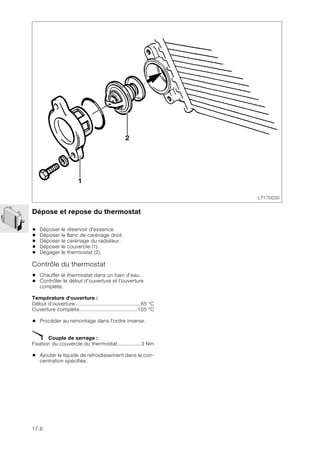 17.6
Dépose et repose du thermostat
• Déposer le réservoir d'essence.
• Déposer le flanc de carénage droit.
• Déposer le carénage du radiateur.
• Déposer le couvercle (1).
• Dégager le thermostat (2).
Contrôle du thermostat
• Chauffer le thermostat dans un bain d’eau.
• Contrôler le début d'ouverture et l'ouverture
complète.
Température d'ouverture :
Début d'ouverture ..........................................85 °C
Ouverture complète......................................105 °C
• Procéder au remontage dans l'ordre inverse.
X Couple de serrage :
Fixation du couvercle du thermostat............... 3 Nm
• Ajouter le liquide de refroidissement dans la con-
centration spécifiée.
LT170030
1
2
 