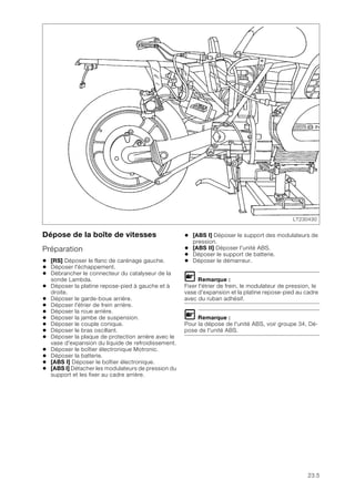 23.5
Dépose de la boîte de vitesses
Préparation
• [RS] Déposer le flanc de carénage gauche.
• Déposer l'échappement.
• Débrancher le connecteur du catalyseur de la
sonde Lambda.
• Déposer la platine repose-pied à gauche et à
droite.
• Déposer le garde-boue arrière.
• Déposer l'étrier de frein arrière.
• Déposer la roue arrière.
• Déposer la jambe de suspension.
• Déposer le couple conique.
• Déposer le bras oscillant.
• Déposer la plaque de protection arrière avec le
vase d'expansion du liquide de refroidissement.
• Déposer le boîtier électronique Motronic.
• Déposer la batterie.
• [ABS I] Déposer le boîtier électronique.
• [ABS I] Détacher les modulateurs de pression du
support et les fixer au cadre arrière.
• [ABS I] Déposer le support des modulateurs de
pression.
• [ABS II] Déposer l'unité ABS.
• Déposer le support de batterie.
• Déposer le démarreur.
L Remarque :
Fixer l'étrier de frein, le modulateur de pression, le
vase d'expansion et la platine repose-pied au cadre
avec du ruban adhésif.
L Remarque :
Pour la dépose de l'unité ABS, voir groupe 34, Dé-
pose de l'unité ABS.
LT230430
 
