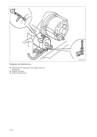 23.6
Dépose du démarreur
• Débrancher le câble plus et le câble moins du
démarreur.
• Défaire la fixation.
• Retirer le démarreur.
LT230410
 