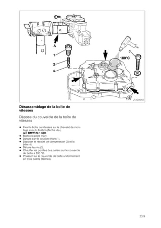 23.9
Désassemblage de la boîte de
vitesses
Dépose du couvercle de la boîte de
vitesses
• Fixer la boîte de vitesses sur le chevalet de mon-
tage avec la fixation (flèche «A»),
réf. BMW 23 1 600.
• Mettre le point mort.
• Défaire l'arrêt de point mort (1).
• Déposer le ressort de compression (2) et la
bille (4).
• Défaire les vis (3).
• Chauffer les portées des paliers sur le couvercle
de boîte à 100 °C.
• Pousser sur le couvercle de boîte uniformément
en trois points (flèches).
LT230010
1
3
2
4
A
100°C
 