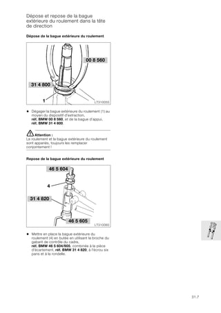 31.7
Dépose et repose de la bague
extérieure du roulement dans la tête
de direction
Dépose de la bague extérieure du roulement
• Dégager la bague extérieure du roulement (1) au
moyen du dispositif d'extraction,
réf. BMW 00 8 560, et de la bague d’appui,
réf. BMW 31 4 800.
eAttention :
Le roulement et la bague extérieure du roulement
sont appariés, toujours les remplacer
conjointement !
Repose de la bague extérieure du roulement
• Mettre en place la bague extérieure du
roulement (4) en butée en utilisant la broche du
gabarit de contrôle du cadre,
réf. BMW 46 5 604/605, combinée à la pièce
d'écartement, réf. BMW 31 4 820, à l'écrou six
pans et à la rondelle.
31 4 800
LT310050
00 8 560
1
46 5 604
LT310060
46 5 605
4
31 4 820
 