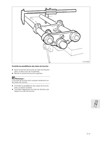 31.9
Contrôle du parallélisme des tubes de fourche
• Serrer le pontet de fourche du tube de direction
dans un étau muni de mordaches.
• Monter le pontet de fourche supérieur.
LRemarque :
Le pontet de fourche doit coulisser facilement sur
les tubes de fourche.
• Contrôler le parallélisme des tubes de fourche
avec un pied à coulisse.
• Contrôler l'alignement du tube de direction par
rapport au tube de fourche.
LT310090
 