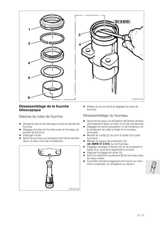 31.11
Désassemblage de la fourche
télescopique
Dépose du tube de fourche
• Desserrer les vis de blocage au bas du pontet de
fourche.
• Dégager le tube de fourche avec le fourreau du
pontet de fourche.
• Vidanger l’huile.
• Serrer le fourreau sur la fixation de l'étrier de frein
dans un étau muni de mordaches.
• Défaire la vis du fond et dégager le tube de
fourche.
Désassemblage du fourreau
• Serrer le fourreau sur la fixation de l'étrier de frein
verticalement dans un étau muni de mordaches.
• Dégager le cache-poussière (1) de l'extérieur en
le soulevant de côté à l'aide d'un couteau
émoussé.
• Monter le circlip (2) du joint à l'aide d'un petit
tournevis.
• Monter la bague de protection (3),
réf. BMW 31 3 610, sur le fourreau.
• Dégager la bague à lèvres (4) en la soulevant à
l'aide d'un tournevis légèrement arrondi.
• Déposer la bague en acier (5).
• Sortir le manchon coulissant (6) du fourreau avec
les deux index.
• Contrôler l'endommagement et l'usure du man-
chon coulissant, le remplacer au besoin.
31 3 610
LT310110
1
4
2
5
6
4
3
LT310120
 