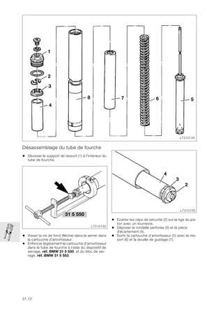 31.12
Désassemblage du tube de fourche
• Dévisser le support de ressort (1) à l'intérieur du
tube de fourche.
• Visser la vis de fond (flèche) dans la serrer dans
la cartouche d'amortisseur.
• Enfoncer légèrement la cartouche d'amortisseur
dans le tube de fourche à l'aide du dispositif de
serrage, réf. BMW 31 5 550, et du bloc de ser-
rage, réf. BMW 31 5 553.
• Ecarter les clips de sécurité (2) sur la tige du pis-
ton avec un tournevis.
• Déposer la rondelle perforée (3) et la pièce
d'écartement (4).
• Sortir la cartouche d’amortisseur (5) avec le res-
sort (6) et la douille de guidage (7).
LT310130
5
6
7
8
4
3
2
1
31 5 550
LT310140
LT310150
4
3
2
 