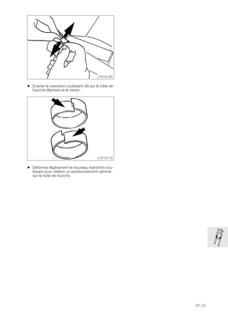 31.13
• Ecarter le manchon coulissant (8) sur le tube de
fourche (flèches) et le retirer.
• Déformer légèrement le nouveau manchon cou-
lissant pour obtenir un positionnement optimal
sur le tube de fourche.
LT310160
LT310170
 