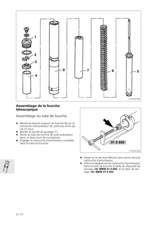 31.14
Assemblage de la fourche
télescopique
Assemblage du tube de fourche
• Monter le ressort-support de fourche (6) sur la
cartouche d’amortisseur (5), petit pas entre spi-
res en haut.
• Monter la douille de guidage (7).
• Serrer le tube de fourche (8) avec précaution
dans un étau muni de mordaches.
• Engager la cartouche d'amortisseur complète
dans le tube de fourche.
• Visser la vis de fond (flèche) sans serrer dans la
cartouche d'amortisseur.
• Enfoncer légèrement la cartouche d'amortisseur
dans le tube de fourche à l'aide du dispositif de
serrage, réf. BMW 31 5 550, et du bloc de ser-
rage, réf. BMW 31 5 553.
LT310130
5
6
7
8
4
3
2
1
31 5 550
LT310140
 