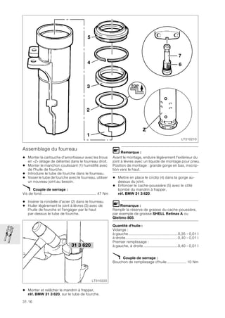 31.16
Assemblage du fourreau
• Monter la cartouche d’amortisseur avec les trous
en «Z» (étage de détente) dans le fourreau droit.
• Monter le manchon coulissant (1) humidifié avec
de l'huile de fourche.
• Introduire le tube de fourche dans le fourreau.
• Visser le tube de fourche avec le fourreau, utiliser
un nouveau joint au besoin.
X Couple de serrage :
Vis de fond................................................... 47 Nm
• Insérer la rondelle d'acier (2) dans le fourreau.
• Huiler légèrement le joint à lèvres (3) avec de
l'huile de fourche et l'engager par le haut
par-dessus le tube de fourche.
• Monter et relâcher le mandrin à frapper,
réf. BMW 31 3 620, sur le tube de fourche.
L Remarque :
Avant le montage, enduire légèrement l'extérieur du
joint à lèvres avec un liquide de montage pour pneu.
Position de montage : grande gorge en bas, inscrip-
tion vers le haut.
• Mettre en place le circlip (4) dans la gorge au-
dessus du joint.
• Enfoncer le cache-poussière (5) avec le côté
bombé du mandrin à frapper,
réf. BMW 31 3 620.
LRemarque :
Remplir la réserve de graisse du cache-poussière,
par exemple de graisse SHELL Retinax A ou
Gleitmo 805.
Quantité d'huile :
Vidange :
à gauche..............................................0,35 - 0,01 l
à droite.................................................0,40 - 0,01 l
Premier remplissage :
à gauche, à droite ................................0,40 - 0,01 l
X Couple de serrage :
Bouchon de remplissage d'huile .................. 10 Nm
LT310210
5
Z
4
3
2
1
TOP
7
6
31 3 620
LT310220
 