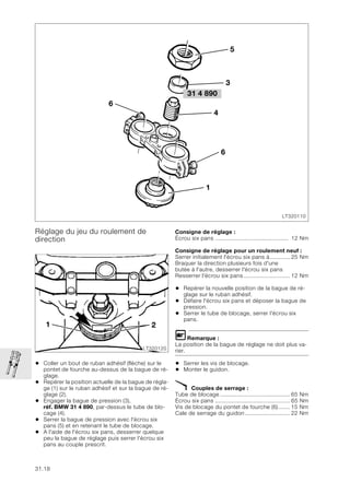 31.18
Réglage du jeu du roulement de
direction
• Coller un bout de ruban adhésif (flèche) sur le
pontet de fourche au-dessus de la bague de ré-
glage.
• Repérer la position actuelle de la bague de régla-
ge (1) sur le ruban adhésif et sur la bague de ré-
glage (2).
• Engager la bague de pression (3),
réf. BMW 31 4 890, par-dessus le tube de blo-
cage (4).
• Serrer la bague de pression avec l'écrou six
pans (5) et en retenant le tube de blocage.
• A l'aide de l'écrou six pans, desserrer quelque
peu la bague de réglage puis serrer l'écrou six
pans au couple prescrit.
Consigne de réglage :
Écrou six pans ............................................ 12 Nm
Consigne de réglage pour un roulement neuf :
Serrer initialement l'écrou six pans à............ 25 Nm
Braquer la direction plusieurs fois d'une
butée à l'autre, desserrer l'écrou six pans
Resserrer l'écrou six pans............................ 12 Nm
• Repérer la nouvelle position de la bague de ré-
glage sur le ruban adhésif.
• Défaire l'écrou six pans et déposer la bague de
pression.
• Serrer le tube de blocage, serrer l'écrou six
pans.
LRemarque :
La position de la bague de réglage ne doit plus va-
rier.
• Serrer les vis de blocage.
• Monter le guidon.
X Couples de serrage :
Tube de blocage .......................................... 65 Nm
Écrou six pans ............................................. 65 Nm
Vis de blocage du pontet de fourche (6)....... 15 Nm
Cale de serrage du guidon........................... 22 Nm
31 4 890
LT320110
6
5
4
6
1
3
LT320120
1 2
 