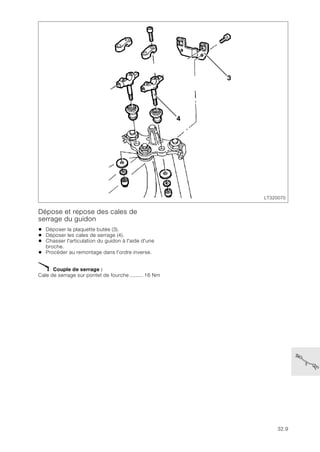 32.9
Dépose et repose des cales de
serrage du guidon
• Déposer la plaquette butée (3).
• Déposer les cales de serrage (4).
• Chasser l'articulation du guidon à l'aide d'une
broche.
• Procéder au remontage dans l'ordre inverse.
X Couple de serrage :
Cale de serrage sur pontet de fourche ......... 16 Nm
LT320070
4
3
 