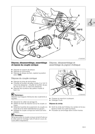 33.5
Dépose, désassemblage, assemblage
et repose du couple conique
• Déposer le support de plaque.
• Déposer la roue arrière.
• Déposer le disque de frein, repérer la position
avec l'ABS.
Dépose du couple conique
• Déposer la prise de tachymètre.
• Chauffer le tourillon de palier mobile (1) à 120 °C
maxi et le desserrer ; chauffer le tourillon de pa-
lier fixe (2) à 120 °C maxi et le desserrer.
• Déposer les tourillons des paliers mobile et
fixe (1,2).
L Remarque :
Attention aux bagues intérieures des roulements à
aiguilles.
• Desserrer le collier de serrage (5).
• Défaire le tirant de réaction (3) sur le couple co-
nique.
• Détacher la jambe de suspension du couple co-
nique (6) et la retirer latéralement du goujon.
• Dégager le couple conique de l'arbre de trans-
mission.
L Remarque :
Ne jamais poser le couple conique rempli d'huile sur
le côté avant le montage, fuite d'huile en cours de
route (effet d'aspiration).
Dépose, désassemblage et
assemblage du pignon d'attaque
• Chasser le manchon coulissant.
• Vidanger l’huile.
Dépose du circlip
• Sortir le circlip de l'intérieur du cardan en le sou-
levant à l'aide d'un petit tournevis.
• Procéder au remontage dans l'ordre inverse.
LT330350
2
120°C
6
120°C
1
5
3
LT330430
 