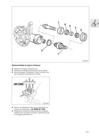33.7
Désassemblage du pignon d'attaque
• Déposer la bague extérieure (2).
• Extraire la rondelle d'écartement (3) du carter.
• Serrer le pignon d'attaque (1) dans un étau muni
de mordaches (cannelures en haut).
• Retirer simultanément les deux roulements au
moyen de l'extracteur, réf. BMW 00 7 500.
• Déposer le roulement radial-axial (4), la bague
intérieure (5), la cage à rouleaux cylindriques (6)
et la bague extérieure (7).
LT33030
3
1
7
6
5
4
2
00 7 500
LT33040
 