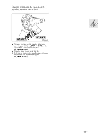 33.11
Dépose et repose du roulement à
aiguilles du couple conique
• Dégager le roulement à aiguilles à l'aide du
contre-appui 22/1, réf. BMW 00 8 572, et de
l'extracteur à prise intérieure 21/4,
réf. BMW 00 8 573.
• Chauffer le col du carter à 120 °C.
• Enfoncer le roulement à aiguilles avec la bague
intérieure sur le mandrin à frapper,
réf. BMW 36 3 700.
RT33090
00 8 572
00 8 573
 