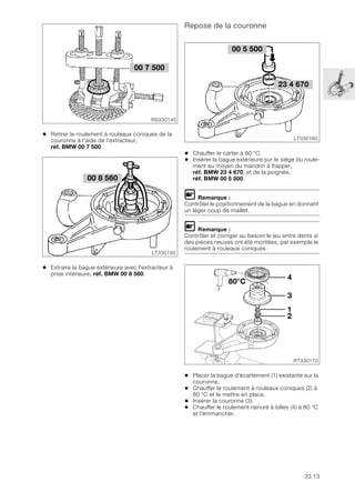 33.13
• Retirer le roulement à rouleaux coniques de la
couronne à l'aide de l'extracteur,
réf. BMW 00 7 500.
• Extraire la bague extérieure avec l'extracteur à
prise intérieure, réf. BMW 00 8 560.
Repose de la couronne
• Chauffer le carter à 80 °C.
• Insérer la bague extérieure sur le siège du roule-
ment au moyen du mandrin à frapper,
réf. BMW 23 4 670, et de la poignée,
réf. BMW 00 5 500.
L Remarque :
Contrôler le positionnement de la bague en donnant
un léger coup de maillet.
L Remarque :
Contrôler et corriger au besoin le jeu entre dents si
des pièces neuves ont été montées, par exemple le
roulement à rouleaux coniques.
• Placer la bague d'écartement (1) existante sur la
couronne.
• Chauffer le roulement à rouleaux coniques (2) à
80 °C et le mettre en place.
• Insérer la couronne (3).
• Chauffer le roulement rainuré à billes (4) à 80 °C
et l'emmancher.
00 7 500
RS330140
00 8 560
LT330150
23 4 670
LT330160
00 5 500
RT330170
80°C
4
3
1
2
 