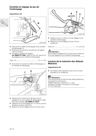 00.18
Contrôle et réglage du jeu de
l'embrayage
Inspections I, III
• Décrocher le câble d'embrayage de la manette
de débrayage (1).
• Repousser le manchon caoutchouc (2) légère-
ment en arrière.
• A l'aide du gabarit de réglage,
réf. BMW 21 3 500, régler la cote «B» avec la vis
de réglage sur la manette d'embrayage.
Cote « B »...............................................75 ± 1 mm
• Accrocher à nouveau le câble d'embrayage sur
la manette de débrayage.
• Desserrer le contre-écrou (6) de la vis de
réglage (7) sur la manette de débrayage à l'aide
de la clé à douille, réf. BMW 21 3 610.
• Desserrer la vis de réglage de 1 à 2 tours, puis la
resserrer jusqu'au point dur.
• Bloquer la vis de réglage avec le contre-écrou.
• Régler la cote «A» avec la vis de réglage sur la
manette d'embrayage.
• Bloquer la vis de réglage (5) avec l'écrou
moleté (3).
Cote «A»................................................4 ± 0,5 mm
eAttention :
Ne corriger le réglage dû à l'usure qu'au niveau de
la vis de réglage sur la manette d'embrayage.
Lecture de la mémoire des défauts
Motronic
Inspections II, III
• Ne réaliser cette opération que sur les motos
équipées d'un catalyseur.
L Remarque :
Pour la lecture de la mémoire des défauts Motronic,
se reporter à la brochure :
«BMW Diagnostic, Motronic 2.1, avec
régulation Lambda» (numéro de commande
01 70 9 798 970).
LT000160
2
1
B
LT000170
7
6
LT000180
5
4
3
A
 