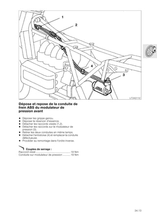 34.13
Dépose et repose de la conduite de
frein ABS du modulateur de
pression avant
• Déposer les grippe-genou.
• Déposer le réservoir d'essence.
• Détacher les raccords vissés (1,2).
• Détacher les raccords sur le modulateur de
pression (3).
• Retirer les deux conduites en même temps.
• Détacher l'entretoise (4) et remplacer la conduite
défectueuse.
• Procéder au remontage dans l'ordre inverse.
X Couples de serrage :
Raccord vissé .............................................. 18 Nm
Conduite sur modulateur de pression .......... 18 Nm
LT340110
1
2
3
4
 