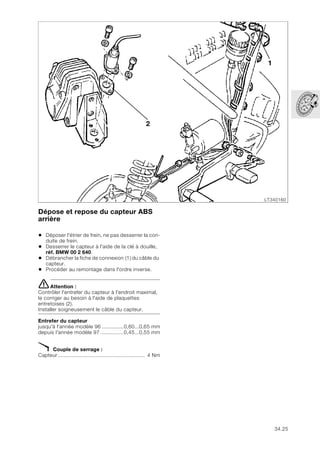 34.25
Dépose et repose du capteur ABS
arrière
• Déposer l'étrier de frein, ne pas desserrer la con-
duite de frein.
• Desserrer le capteur à l'aide de la clé à douille,
réf. BMW 00 2 640.
• Débrancher la fiche de connexion (1) du câble du
capteur.
• Procéder au remontage dans l'ordre inverse.
eAttention :
Contrôler l'entrefer du capteur à l'endroit maximal,
le corriger au besoin à l'aide de plaquettes
entretoises (2).
Installer soigneusement le câble du capteur.
Entrefer du capteur
jusqu'à l'année modèle 96 ..............0,60...0,65 mm
depuis l'année modèle 97 ...............0,45...0,55 mm
X Couple de serrage :
Capteur......................................................... 4 Nm
LT340160
2
1
 