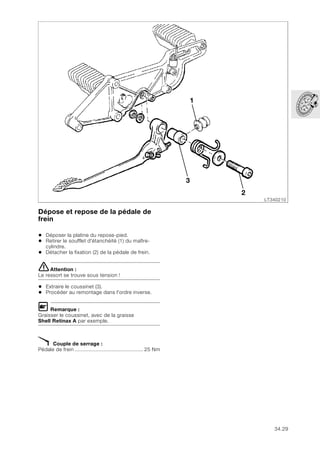 34.29
Dépose et repose de la pédale de
frein
• Déposer la platine du repose-pied.
• Retirer le soufflet d'étanchéité (1) du maître-
cylindre.
• Détacher la fixation (2) de la pédale de frein.
eAttention :
Le ressort se trouve sous tension !
• Extraire le coussinet (3).
• Procéder au remontage dans l'ordre inverse.
L Remarque :
Graisser le coussinet, avec de la graisse
Shell Retinax A par exemple.
X Couple de serrage :
Pédale de frein ............................................. 25 Nm
LT340210
3
2
1
 