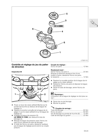 00.23
Contrôle et réglage du jeu du palier
de direction
Inspection III
• Poser un bout de ruban adhésif (flèche) sur le
pontet de fourche au-dessus de la bague de
réglage (1).
• Repérer la position actuelle de la bague de ré-
glage (1) sur le ruban adhésif et sur la bague de
réglage (2).
• Engager la bague de pression (3),
réf. BMW 31 4 890, par-dessus le tube de
blocage (4).
• Bloquer la bague de pression avec l'écrou six
pans (5) en retenant le tube de blocage.
• A l'aide de l'écrou six pans, desserrer quelque
peu la bague de réglage puis la serrer au couple
prescrit.
Couple de réglage :
Écrou six pans ............................................. 12 Nm
Roulement neuf :
Serrer l'écrou six pans à .............................. 25 Nm
Braquer la direction plusieurs fois d'une
butée à l'autre, desserrer l'écrou six pans,
le resserrer................................................... 12 Nm
• Repérer la nouvelle position de la bague de ré-
glage sur le ruban adhésif.
• Desserrer l'écrou six pans et déposer la bague
de pression.
• Serrer le tube de blocage, serrer l'écrou six
pans.
L Remarque :
La position de la bague de réglage ne doit plus va-
rier !
• Serrer les vis de blocage.
• Monter le guidon.
X Couples de serrage :
Tube de blocage .......................................... 65 Nm
Écrou six pans ............................................. 65 Nm
Vis de blocage du pontet de fourche (6)....... 15 Nm
Cale de blocage du guidon .......................... 22 Nm
LT320110
31 4 890
6
5
4
6
1
3
1 2
LT320120
 