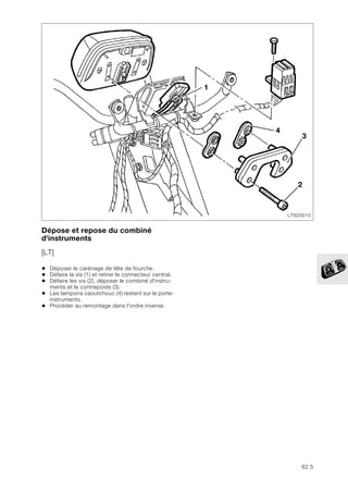 62.5
Dépose et repose du combiné
d'instruments
[LT]
• Déposer le carénage de tête de fourche.
• Défaire la vis (1) et retirer le connecteur central.
• Défaire les vis (2), déposer le combiné d'instru-
ments et le contrepoids (3).
• Les tampons caoutchouc (4) restent sur le porte-
instruments.
• Procéder au remontage dans l'ordre inverse.
LT620010
4
3
2
1
 