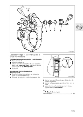 11.15
Désassemblage et assemblage de la
bride intermédiaire
Dépose du roulement du plateau d'entraînement
● Flasque palier (1)
● Ressort Belleville (2)
● Extraire le roulement à billes (3) avec le contre-
appui, réf. BMW 00 8 572 et l'extracteur à prise
intérieure 21/2, réf. BMW 00 8 571.
● Circlip (4)
Montage du roulement du plateau
d'entraînement
● Chauffer la bride intermédiaire au niveau du
siège du roulement à 120 °C.
● Enfoncer le roulement à billes jusqu'au circlip.
4 3 2 1
j
120
LT110120
● Monter le ressort Belleville, grand diamètre du
côté du roulement.
● Monter le flasque palier, grande fenêtre vers le
haut.
● Visser les vis de fixation proprement et sans
graisse avec du Loctite 243.
X Couple de serrage :
Flasque palier................................................. 9 Nm
LT110130
 