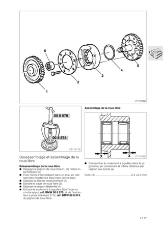 11.17
Désassemblage et assemblage de la
roue libre
Désassemblage de la roue libre
● Dégager le pignon de roue libre (1) de l'arbre in-
termédiaire (5).
● Fixer l'arbre intermédiaire dans un étau en utili-
sant des mordaches (face lisse vers le bas).
● Déposer la tôle de recouvrement (2).
● Extraire la cage de roue libre (3).
● Déposer le ressort Belleville (4).
● Extraire le roulement à aiguilles (6) à l'aide du
contre-appui, réf. BMW 00 8 570, et de l’extrac-
teur à prise intérieure 21/3, réf. BMW 00 8 574,
du pignon de roue libre.
Assemblage de la roue libre
● Emmancher le roulement à aiguilles dans le pi-
gnon fou en conservant la même distance par
rapport aux bords (x).
Cote «X»..............................................0,4 ±0,2 mm
1
2
3
4
5
6
LT110160
LT110170
00 8 574
00 8 570
LT110180
 