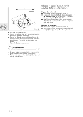 11.18
● Poser le ressort Belleville.
● Mettre en place la roue libre (enduite d’huile mo-
teur) dans la bague extérieure.
● Mettre en place la bague extérieure (corps de
serrage vers la tôle de recouvrement), le ressort
Belleville doit s'emboîter dans la bague exté-
rieure.
● Poser la tôle de recouvrement.
X Couple de serrage :
Vis de fixation............................................... 10 Nm
● Engager le pignon fou sur l'arbre intermédiaire
en le faisant tourner dans le sens horaire.
● Monter la rondelle de butée et le joint torique sur
l'arbre intermédiaire.
Dépose et repose du roulement à
aiguilles de l'arbre intermédiaire
Dépose du roulement
● Chauffer le siège du roulement à 100 °C.
● Dégager le roulement à l'aide du contre-appui,
réf. BMW 00 8 570, et de l'extracteur à prise in-
térieure 21/3, réf. BMW 00 8 574.
● Si le roulement est défectueux et ne peut pas
être déposé, couper (meuler) la cage à aiguilles
avec précaution.
Montage du roulement
● Chauffer le siège du roulement à 120 °C.
● Enfoncer et centrer le roulement à l'aide du man-
drin (Ø 21 mm) et du tourillon (Ø 15,95 mm).
LT110190
 