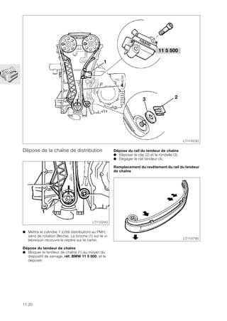 11.20
Dépose de la chaîne de distribution
● Mettre le cylindre 1 (côté distribution) au PMH,
sens de rotation (flèche). La broche (1) sur le vi-
lebrequin recouvre le repère sur le carter.
Dépose du tendeur de chaîne
● Bloquer le tendeur de chaîne (1) au moyen du
dispositif de serrage, réf. BMW 11 5 500, et le
déposer.
3 2
1
4
LT110230
11 5 500
1
LT110240
Dépose du rail du tendeur de chaîne
● Déposer le clip (2) et la rondelle (3).
● Dégager le rail tendeur (4).
Remplacement du revêtement du rail du tendeur
de chaîne
LT110790
 