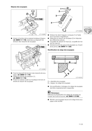11.23
Dépose des soupapes
● Visser à l'arrière de la culasse la plaque d'appui,
réf. BMW 11 1 749, destinée au dispositif de
tension des ressorts de soupape.
● Fixer le dispositif de tension des ressorts de sou-
pape, réf. BMW 11 1 740.
● Utiliser la cloche de pression (1),
réf. BMW 11 1 748.
● Poser la culasse à plat sur la plaque de bois et
tendre le ressort de soupape.
● Enlever les demi-bagues coniques (1) à l'aide
d'un tournevis magnétique.
● Détendre le ressort de soupape (3) et déposer
les différentes pièces.
● Coupelle de ressort en haut (2), coupelle de res-
sort en bas (4).
● Extraire le joint de queue de soupape au moyen
de la pince, réf. BMW 11 1 250.
Rectification du siège des soupapes
D = diamètre de soupape
B = largeur du siège de soupape
● A la rectification, la largeur du siège de soupape
doit être impérativement respectée.
L Remarque :
Effectuer la rectification du siège de soupape au
moyen de l'outil à tourner, réf. BMW 11 0 500.
● Monter une soupape neuve si le siège de la sou-
pape a été rectifié.
LT110280
11 1 749
1
LT110290
11 1 740
LT110300
2
1
3
4
LT110310
 