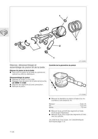11.26
Dépose, désassemblage et
assemblage du piston et de la bielle
Dépose du piston et de la bielle
● Faire sortir le piston et la bielle du cylindre en
opérant du côté du vilebrequin.
Désassemblage du piston
● Déposer le circlip (1) d'un côté.
● Dégager l'axe de piston (2) à l'aide de la broche,
réf. BMW 11 2 930.
● Déposer les segments (3) avec précaution.
● Nettoyer le piston.
1
3
1
2
LT110350
Contrôle de la géométrie du piston
● Mesurer le diamètre du piston à l'aide d'un mi-
cromètre à une distance «A».
Marque : .................................................. Cote «A»
KS.............................................................12,0 mm
Mahle..........................................................7,6 mm
● Mesurer le jeu primitif des segments à l'aide
d'une jauge d'épaisseur.
● Mesurer le jeu à la coupe des segments à l'inté-
rieur du cylindre.
Jeu axial et jeu à la coupe, voir caractéristiques
techniques page 11.9
A
LT110360
 