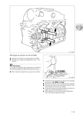 11.39
Montage du piston et de la bielle
● Amener le maneton correspondant au PMB.
● Décaler les coupes des segments d'env. 120°
chacun.
L Remarque :
La coupe du segment de compression à l'intérieur
de la 2ème gorge est déterminée par la broche.
● Bien huiler les segments, la jupe et le cylindre.
LT110590
● Comprimer les segments au moyen de la sangle
de tension, réf. BMW 11 2 925.
● Introduire le piston avec la bielle dans le cylindre.
● Enfoncer le piston avec précaution dans le cylin-
dre à l'aide du manche du maillet.
● La flèche tracée sur la tête de piston doit être di-
rigée vers le côté distribution (cyl. 1).
● Faire attention à ce que les pistons appartien-
nent à la même classe de poids.
LT110600
11 2 925
 