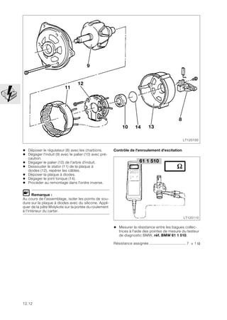 12.12
• Déposer le régulateur (8) avec les charbons.
• Dégager l'induit (9) avec le palier (10) avec pré-
caution.
• Dégager le palier (10) de l'arbre d'induit.
• Dessouder le stator (11) de la plaque à
diodes (12), repérer les câbles.
• Déposer la plaque à diodes.
• Dégager le joint torique (14).
• Procéder au remontage dans l'ordre inverse.
L Remarque :
Au cours de l'assemblage, isoler les points de sou-
dure sur la plaque à diodes avec du silicone. Appli-
quer de la pâte Molykote sur la portée du roulement
à l'intérieur du carter.
Contrôle de l'enroulement d'excitation
• Mesurer la résistance entre les bagues collec-
trices à l'aide des pointes de mesure du testeur
de diagnostic BMW, réf. BMW 61 1 510.
Résistance assignée .................................. 7 ± 1 Ω
LT120100
9
11
10 14 13
8
12
61 1 510
LT120110
 
