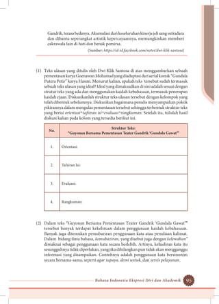 Bahasa Indonesia Ekspresi Diri dan Akademik 95
Gandrik,terasabedanya.Akumulasidarikeseluruhankinerjajelisangsutradara
dan dibantu seperangkat artistik kepercayaannya, memungkinkan memberi
cakrawala lain di hati dan benak pemirsa.
(Sumber: https://id-id.facebook.com/notes/dwi-klik-santosa)
(1)	 Teks ulasan yang ditulis oleh Dwi Klik Santosa di atas menggambarkan sebuah
pementasankaryaGoenawanMohamadyangdiadaptasidariserialkomik“Gundala
Putera Petir” karya Hasmi. Menurut kalian, apakah teks tersebut sudah termasuk
sebuah teks ulasan yang ideal? Ideal yang dimaksudkan di sini adalah sesuai dengan
strutur teks yang ada dan menggunakan kaidah kebahasaan, termasuk penerapan
kaidah ejaan. Diskusikanlah struktur teks ulasan tersebut dengan kelompok yang
telah dibentuk sebelumnya. Diskusikan bagaimana penulis menyampaikan pokok
pikirannya dalam mengulas pementasan tersebut sehingga terbentuk struktur teks
yang berisi orientasi^tafsiran isi^evaluasi^rangkuman. Setelah itu, tulislah hasil
diskusi kalian pada kolom yang tersedia berikut ini.
No.
Struktur Teks:
“Guyonan Bersama Pementasan Teater Gandrik ‘Gundala Gawat’”
1. Orientasi:
2. Tafsiran Isi:
3. Evaluasi:
4. Rangkuman:
(2)	 Dalam teks “Guyonan Bersama Pementasan Teater Gandrik ‘Gundala Gawat’”
tersebut banyak terdapat kekeliruan dalam penggunaan kaidah kebahasaan.
Banyak juga ditemukan pemubaziran penggunaan kata atau penulisan kalimat.
Dalam bidang ilmu bahasa, kemubaziran, yang disebut juga dengan kelewahan”
dimaknai sebagai penggunaan kata secara berlebih. Artinya, kehadiran kata itu
sesungguhnya tidak diperlukan, yang jika dihilangkan pun tidak akan mengganggu
informasi yang disampaikan. Contohnya adalah penggunaan kata bersinonim
secara bersama-sama, seperti agar supaya, demi untuk, dan servis pelayanan.
 
