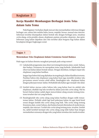 Bahasa Indonesia Ekspresi Diri dan Akademik 139
Kegiatan 3
Kerja Mandiri Membangun Berbagai Jenis Teks
dalam Satu Tema
Pada Kegiatan 3 ini kalian diajak mencari dan memanfaatkan informasi dengan
berbagai cara, antara lain melalui buku, koran, majalah, brosur, manual atau internet.
Informasi tersebut disampaikan dalam bentuk teks dengan berbagai jenis, misalnya
cerita ulang, cerita pendek, ulasan, eksplanasi, pantun, prosedur, eksposisi, dan opini.
Informasi yang kalian dapatkan dari teks tersebut akan berguna bagi kalian dalam
beradaptasi dengan lingkungan sosial.
Tugas 1
Menemukan Teks Eksplanasi dalam Fenomena Sosial Budaya
Pada tugas ini kalian diminta mengikuti petunjuk pada setiap nomor!
(1)	 Lakukanlah pengamatan atau observasi tentang fenomena alam, sosial, bahasa,
dan budaya. Fenomena itu merupakan tema yang berbeda. Jelaskanlah hasil
observasi kalian dalam bentuk tulisan. Dengan demikian, terdapat empat teks
eksplanasi yang kalian hasilkan.
Janganlupabahwahalyangdijelaskanitutergolongkedalamklasifikasitertentu.
Pastikan bahwa teks eksplanasi yang kalian buat juga memiliki struktur teks
pernyataan umum^urutan sebab akibat. Bandingkan teks eksplanasi kalian
dengan pekerjaan teman kalian. Perbaikilah teks kalian agar menjadi teks ideal.
(2)	Setelah kalian merasa yakin bahwa teks yang kalian buat itu adalah teks
eksplanasi, ubahlah tiap teks tersebut ke dalam jenis teks cerita ulang. Hal itu
berarti bahwa kalian sudah dapat menceritakan ulang sesuatu tentang tema-
tema tersebut dari sisi yang berbeda.
(3)	Bandingkanlah teks cerita ulang yang kalian hasilkan dengan milik teman-
teman kalian. Perbaiki sekali lagi hasil pekerjaan kalian itu agar betul-betul
sesuai dengan kaidah teks cerita ulang yang baik. Teks cerita ulang tentang
fenomena alam, sosial, bahasa, dan budaya banyak ditemukan di media koran,
majalah, dan internet. Carilah teks cerita ulang tentang tema tersebut. Setelah
itu, ujilah kembali keempat teks cerita ulang yang telah kalian buat dengan
memadankan semuanya dengan teks yang kalian temukan dari media tersebut.
 